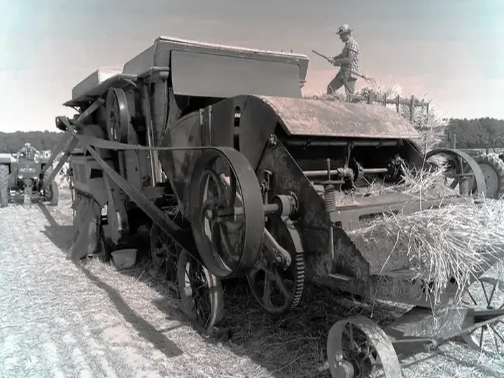 Carte postale de moissonneuse-batteuse en 1939, illustrant la vie rurale d'avant la révolution agraire des années 1960